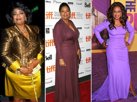 A series of three images showcasing a woman’s weight loss and style evolution over the years, from a gold and yellow outfit to elegant purple gowns