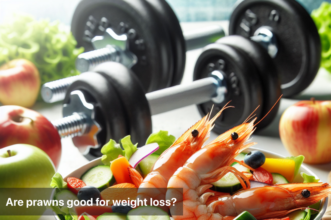 Delicious prawns served with a fresh salad, fitness weights in the background.