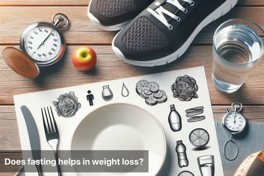Fasting for weight loss with exercise gear and healthy foods