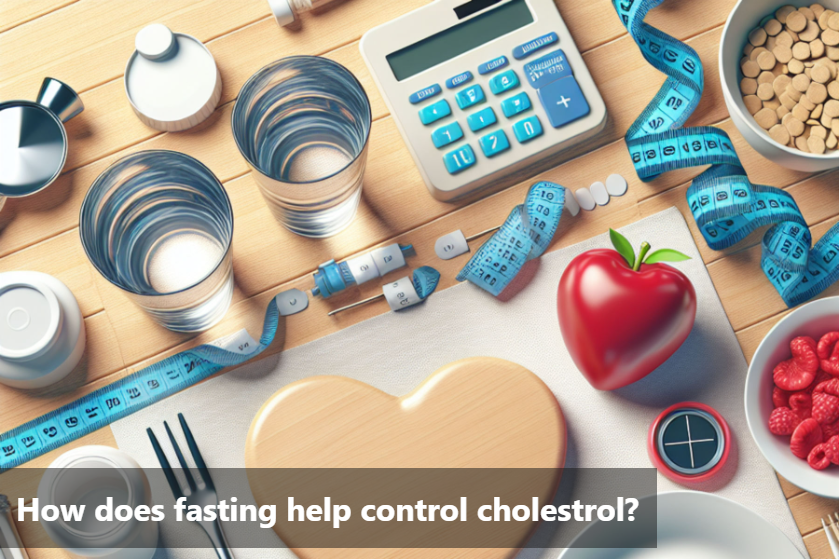 An arrangement of healthy foods, water, and a calculator symbolizing fasting and cholesterol control.