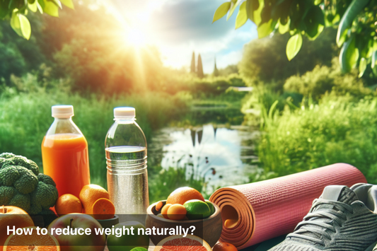A healthy lifestyle banner with fresh fruits, water, juice, and a yoga mat in a scenic outdoor setting.
