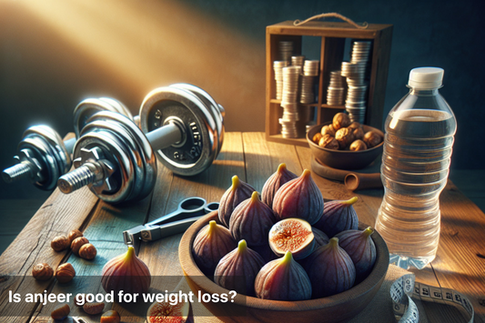 Fresh anjeer fruits with fitness equipment on a table
