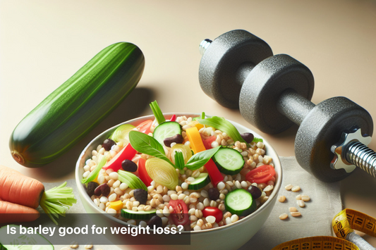 Healthy barley salad with vegetables and dumbbell for fitness