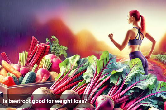 Woman jogging with vegetables, exploring beetroot benefits for weight loss
