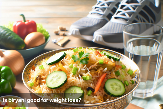 Biryani dish surrounded by healthy foods and sports gear