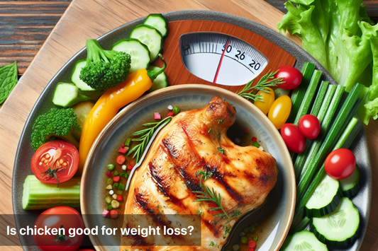 Plate of grilled chicken with vegetables and a scale.
