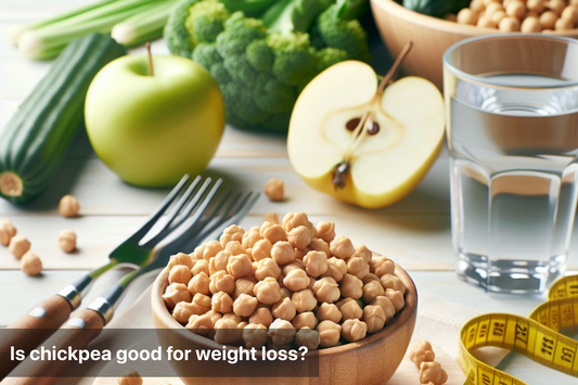 Chickpeas in a bowl surrounded by fresh vegetables and fruits, promoting healthy weight loss.