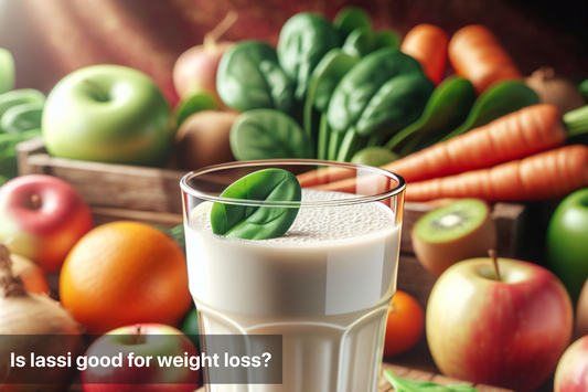 A refreshing glass of lassi surrounded by healthy fruits and vegetables.