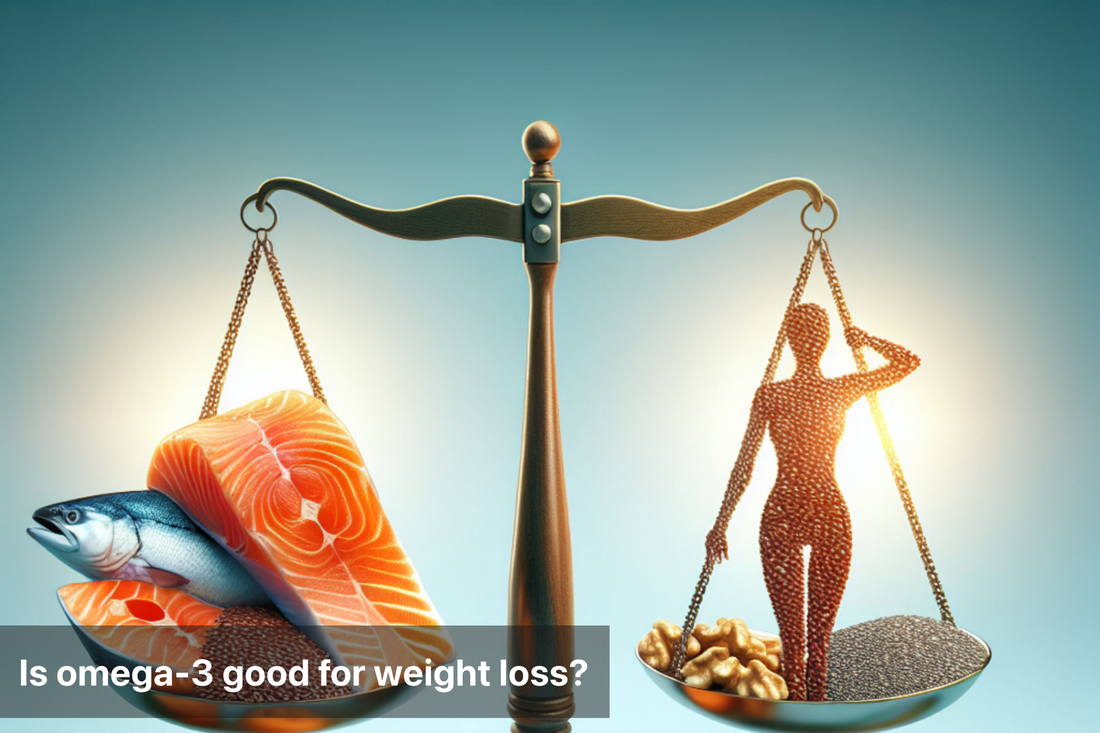 Scale balancing omega-3 sources and a fit silhouette, representing weight loss benefits.