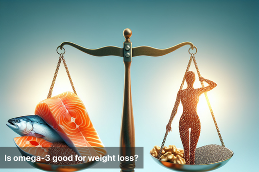 Scale balancing omega-3 sources and a fit silhouette, representing weight loss benefits.