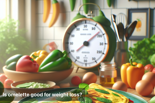 Healthy omelette surrounded by fresh vegetables and a scale, symbolizing weight loss