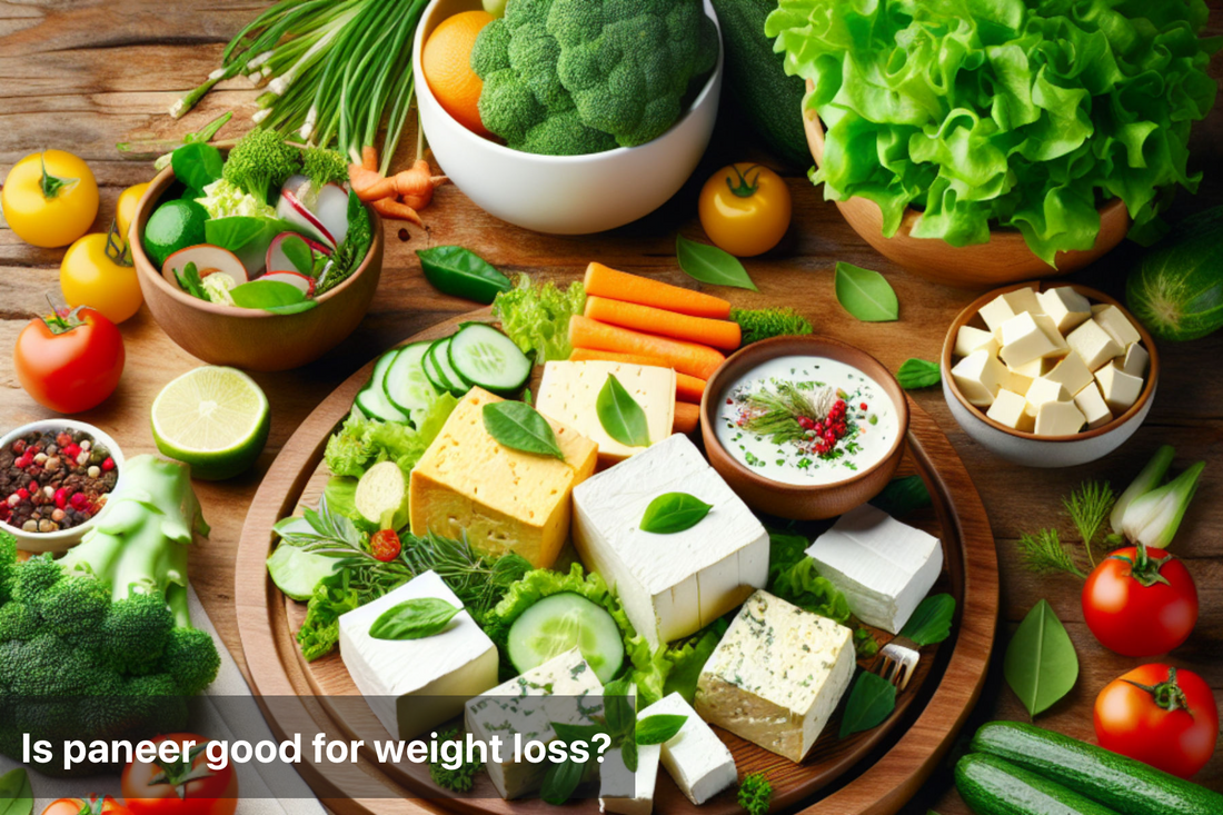 A platter of paneer cheese with fresh vegetables, including broccoli, cucumbers, and tomatoes.