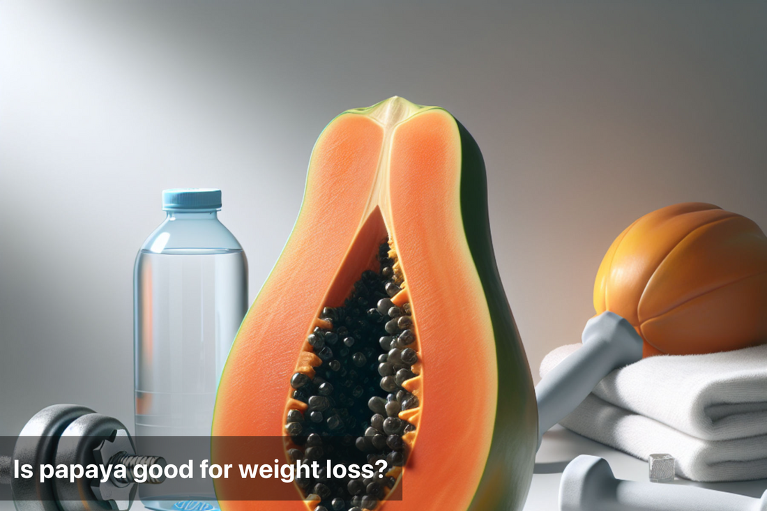 A papaya cut in half, a water bottle, dumbbells, and a towel. A visual for papaya and weight loss.