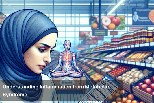 Woman reading a label with a diagram of inflammation and metabolic syndrome in a grocery store.