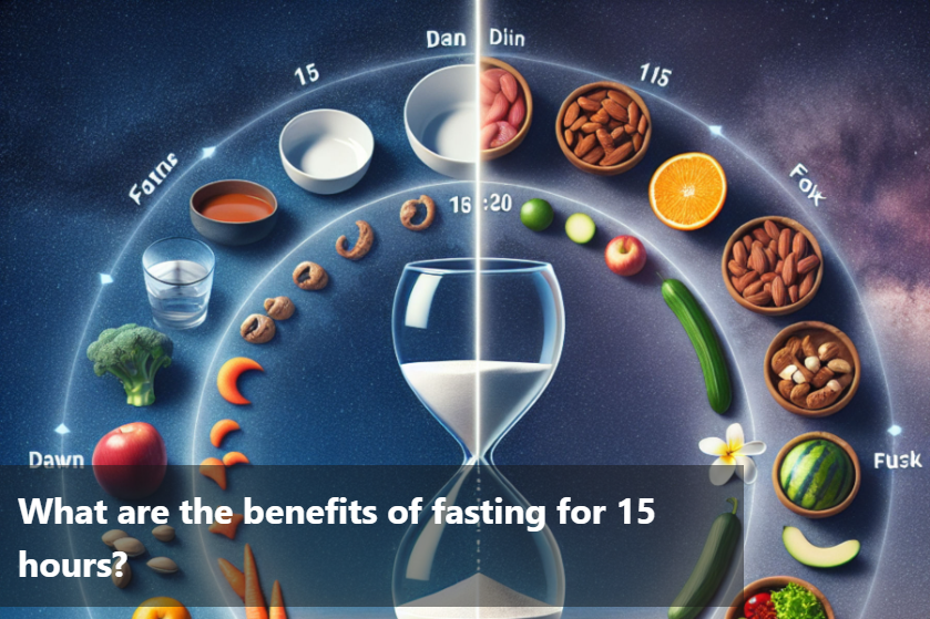 Infographic showing benefits and tips for 15-hour fasting
