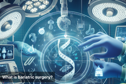 Illustration of bariatric surgery procedure and tools in a modern surgical environment.