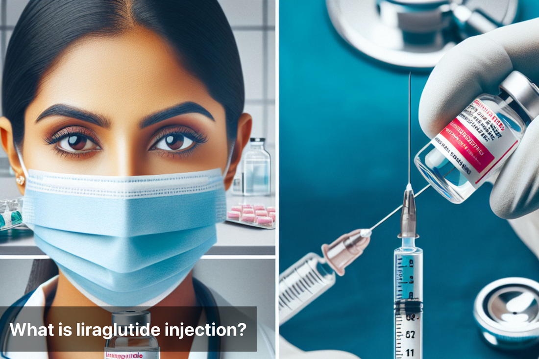 Doctor holding a Liraglutide injection, medical equipment in background. Information on Liraglutide injection dosage and use.