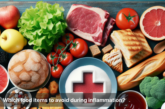 A variety of foods including fruits and meats, highlighting items to avoid during inflammation.