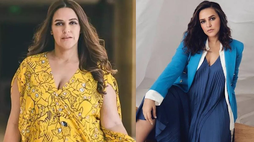 Neha Dhupia confidently embracing her post-pregnancy weight loss journey, radiating strength and balance through yoga, pilates, and mindful eating.