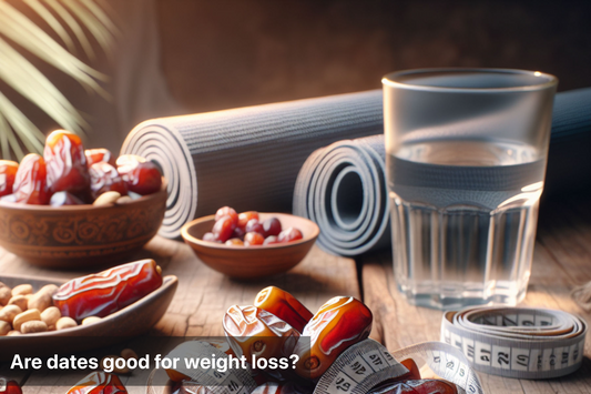 A close-up of dates, a measuring tape, and a glass of water, suggesting the topic of dates for weight loss.