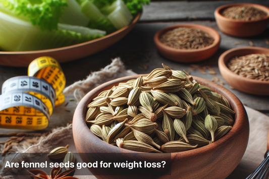 Bowl of fennel seeds with measuring tape and greens, promoting weight loss.