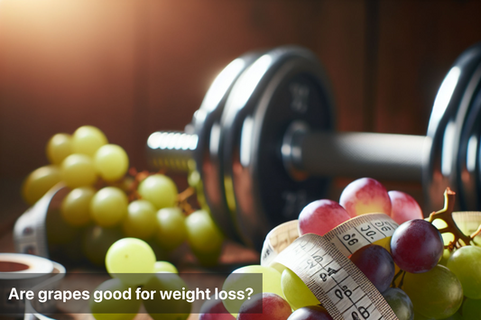 Grapes alongside dumbbells, symbolizing fitness and weight loss