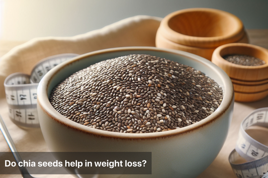 Close-up of chia seeds in a bowl, next to a measuring tape, suggesting weight loss benefits