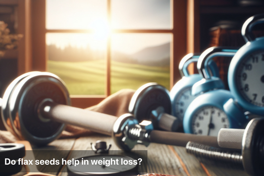 Dumbbells, alarm clocks and flax seeds on a wooden surface, symbolizing a healthy lifestyle and weight loss.