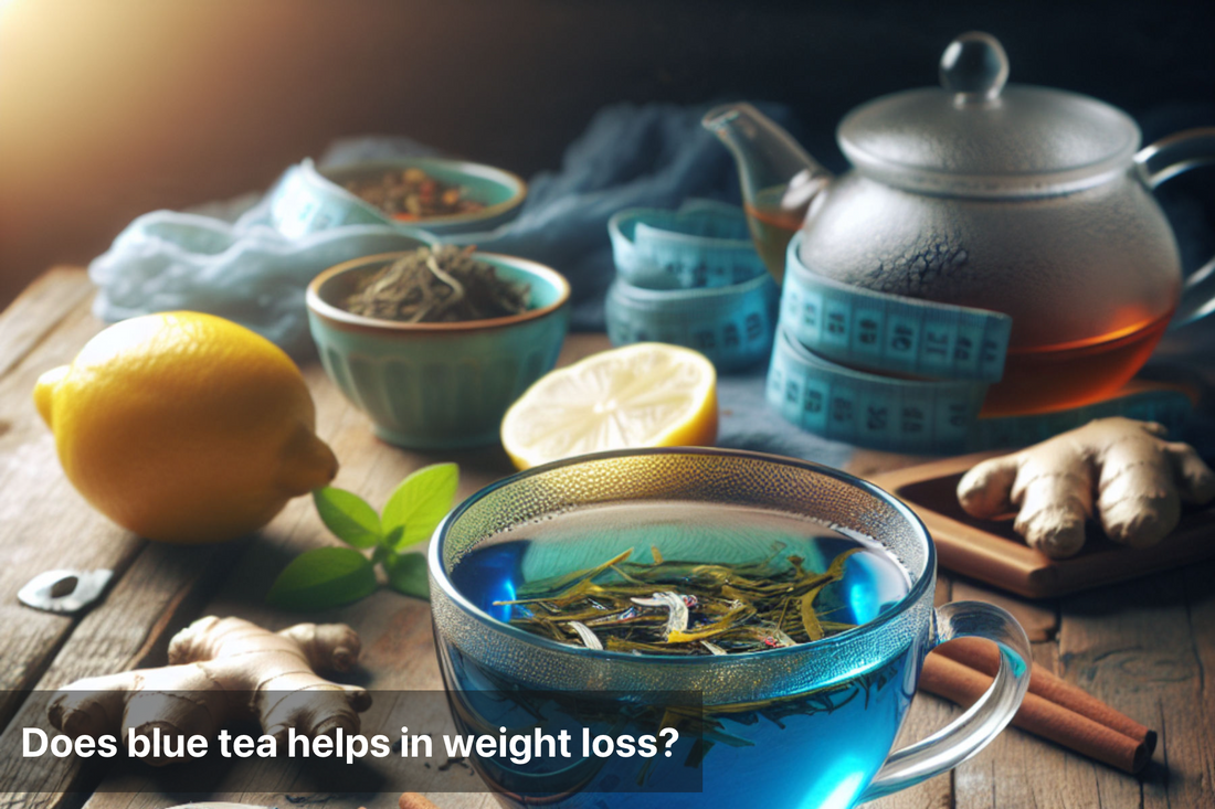 A soothing cup of blue tea surrounded by ginger and lemon for weight loss benefits.