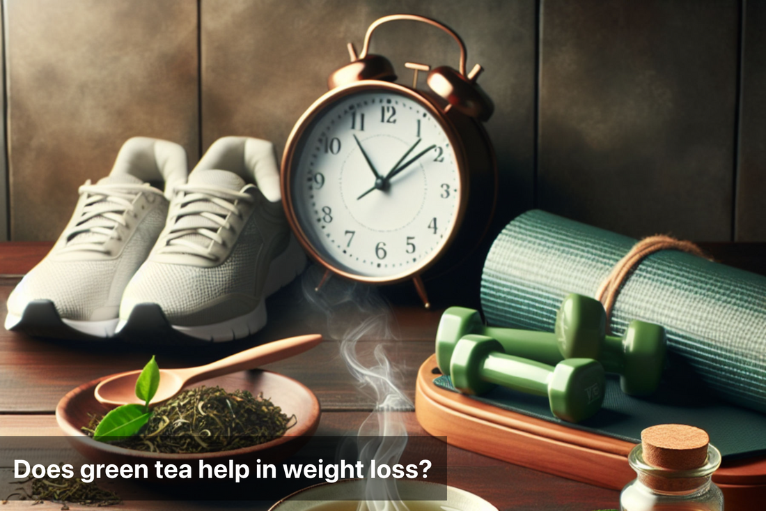 A banner image for a blog post about green tea for weight loss, featuring a cup of tea, gym equipment, and an alarm clock.