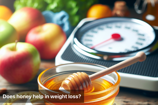 A bowl of honey with a wooden dipper, a measuring tape, and a scale in the background, suggesting the connection between honey and weight loss.