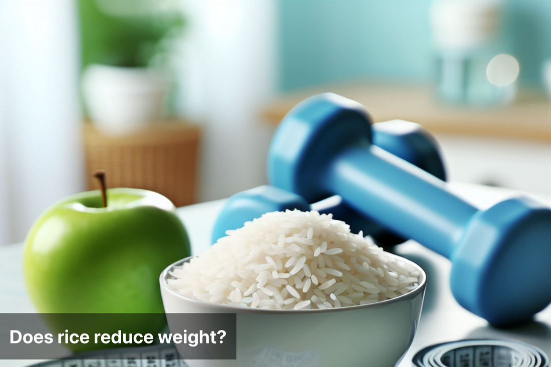 A bowl of white rice, an apple, and dumbbells, representing a healthy diet and exercise for weight loss.