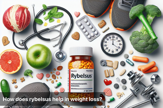 Rybelsus bottle surrounded by healthy foods and exercise equipment