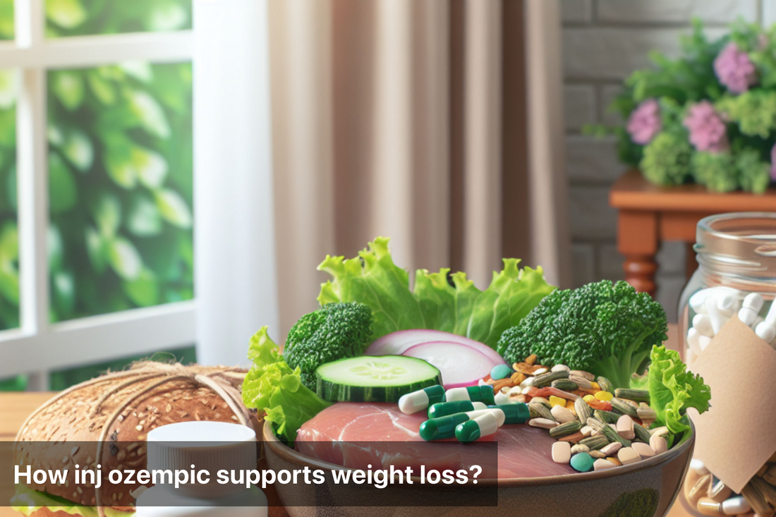 Healthy meal with Ozempic capsules, representing weight loss aid and healthy eating.