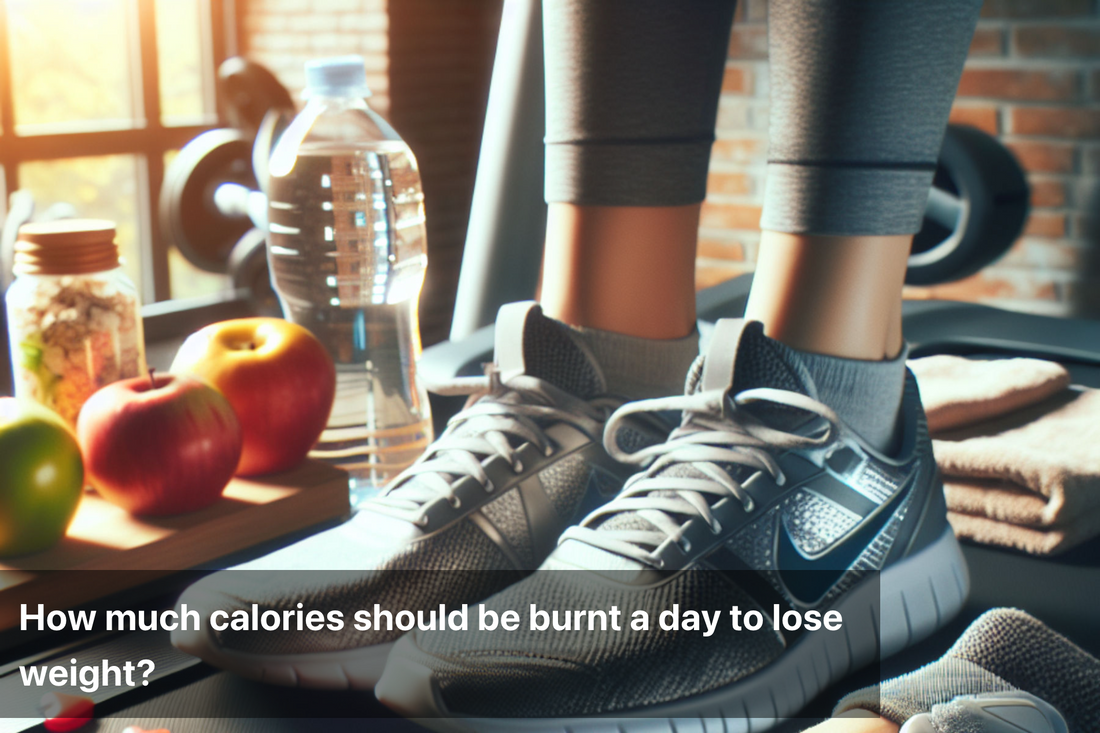 Person's feet in workout shoes on gym equipment with fruits and water bottles