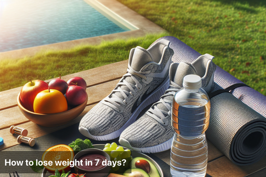 A banner image depicting healthy food, exercise gear and water, representing a 7-day weight loss plan.