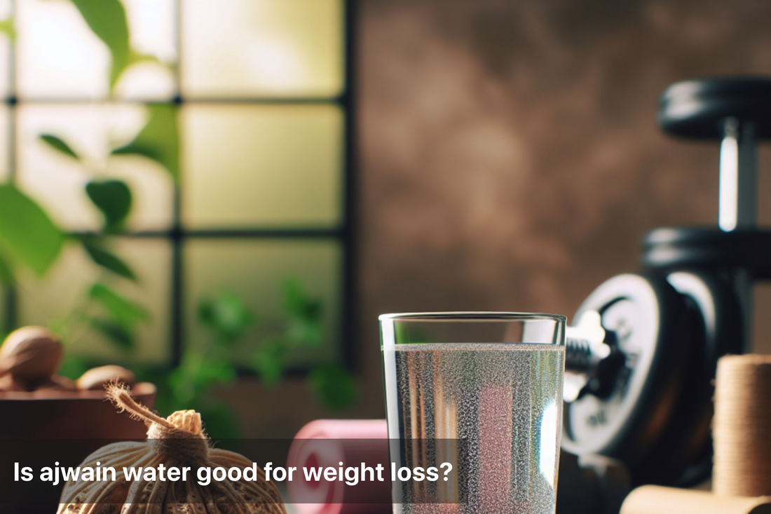 Glass of ajwain water on a table with fitness equipment