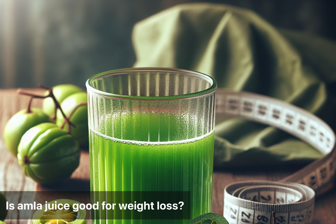 Amla juice in a glass with measuring tape, promoting weight loss benefits.