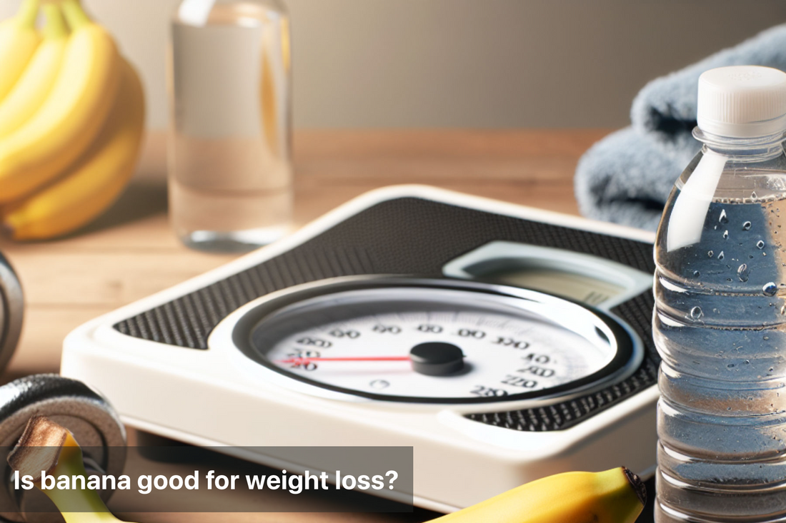 A banana, a bottle of water, and a scale, suggesting weight loss with bananas.