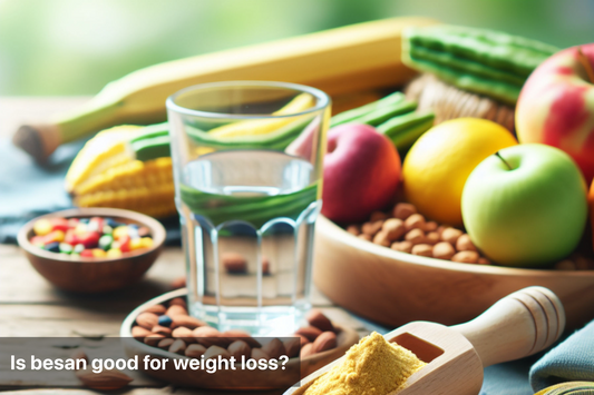 Healthy food options including besan, fruits, and water for weight loss