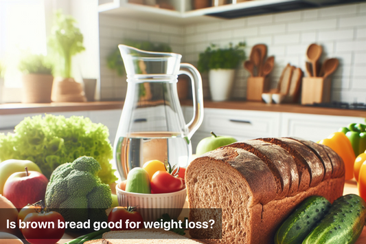 Close-up of brown bread loaf on a table with fresh vegetables, fruit, and a pitcher of water in the background