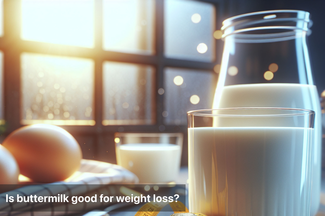 Glass of buttermilk with measuring tape, eggs and a pitcher in the background