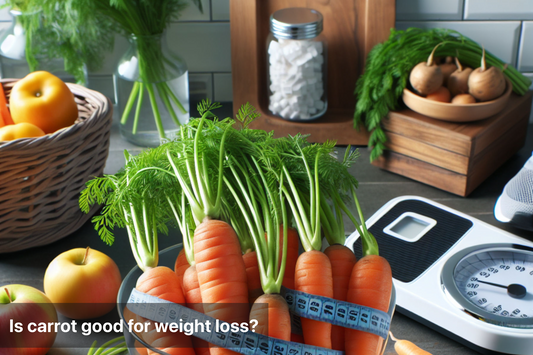 Fresh carrots and fruits on a kitchen scale for weight loss