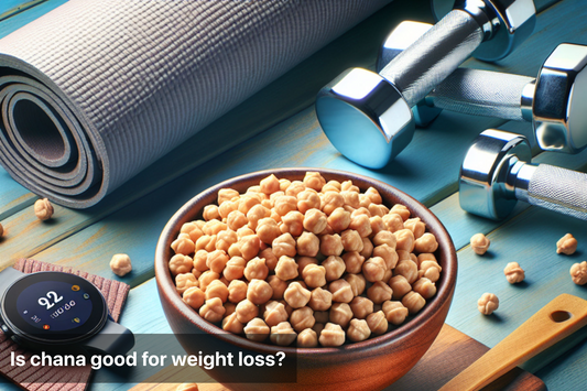 A bowl of chickpeas with dumbbells and a yoga mat in the background, symbolizing healthy weight loss with chana.