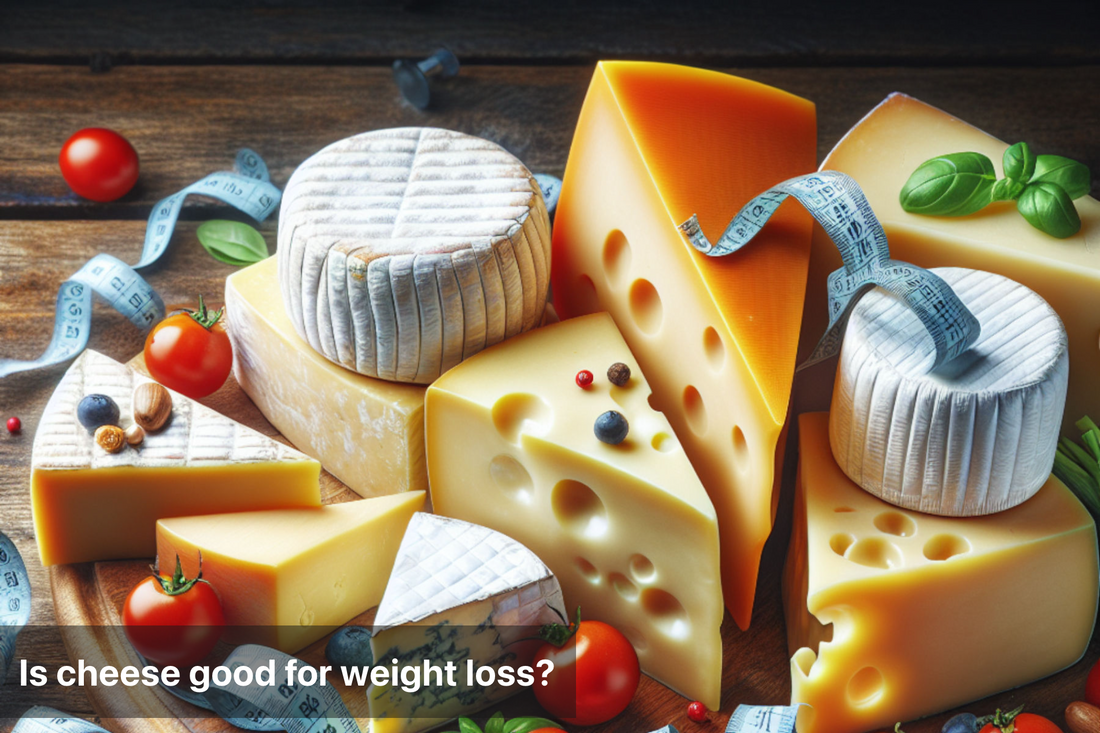 Assorted cheeses on a wooden table with vegetables, exploring if cheese is good for weight loss.