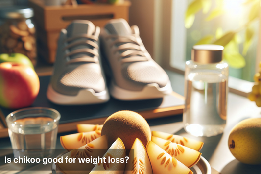 Healthy lifestyle with chikoo, water, fruits, and sneakers for weight loss