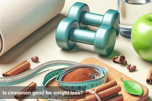 Cinnamon sticks, dumbbells, a measuring tape, a glass of water, and an apple, suggesting the use of cinnamon for weight loss