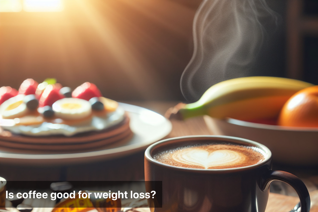 A steaming cup of black coffee with a heart design sits on a wooden table beside a plate of fruit and a measuring tape, symbolizing weight loss benefits.