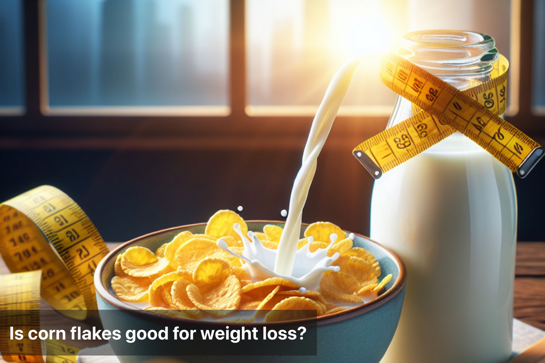 A bowl of corn flakes with milk pouring in, surrounded by measuring tapes, representing weight loss and breakfast