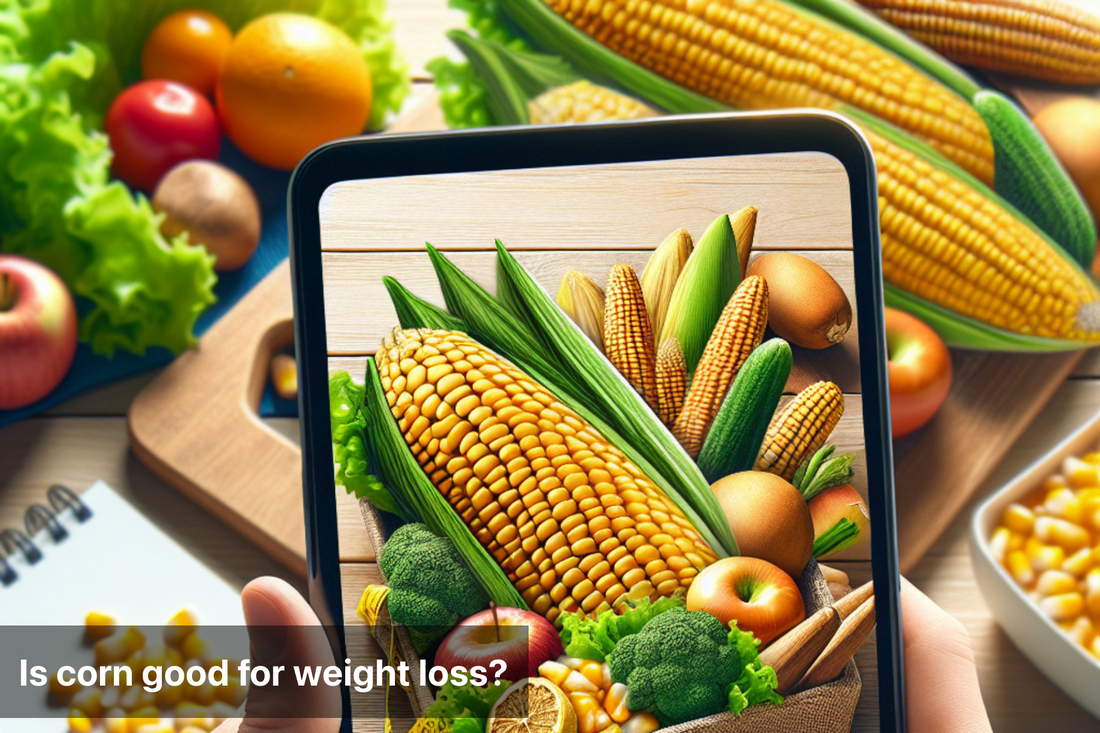 A person holding a phone with a picture of corn and other vegetables, with corn kernels scattered on a table